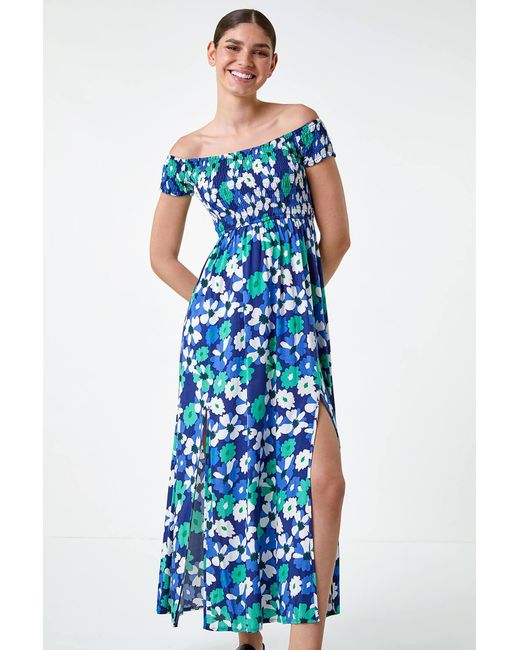 Roman Blue Floral Shirred Bardot Maxi Dress