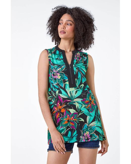 Roman Green Sleeveless V-Neck Tropical Print Zip Top