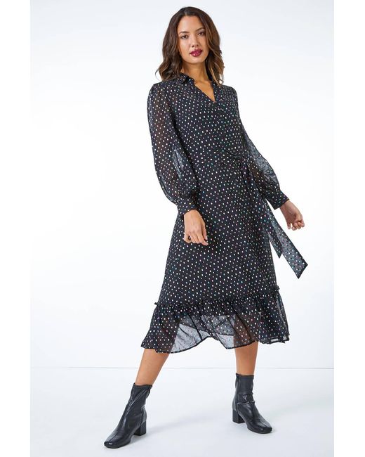 Roman Blue Metallic Spot Midi Shirt Dress