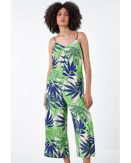 Roman Green Tropical Leaf Cropped Jumpsuit