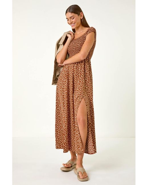 Roman Brown Spot Print Shirred Bardot Maxi Dress
