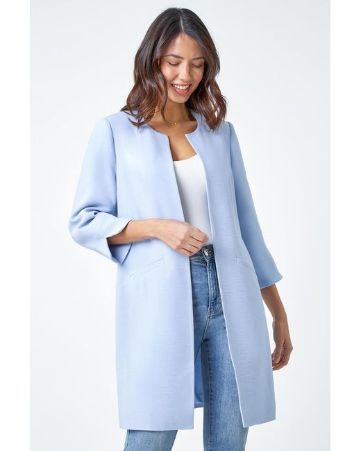 Roman Blue 3/4 Sleeve Textured Longline Smart Jacket