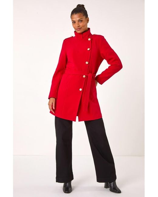 Roman Red Funnel Neck Buttoned Coat