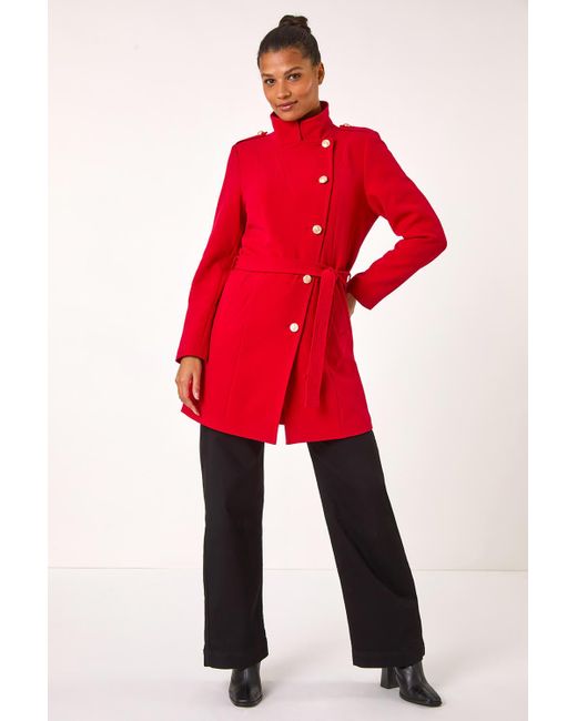 Roman Red Funnel Neck Buttoned Coat