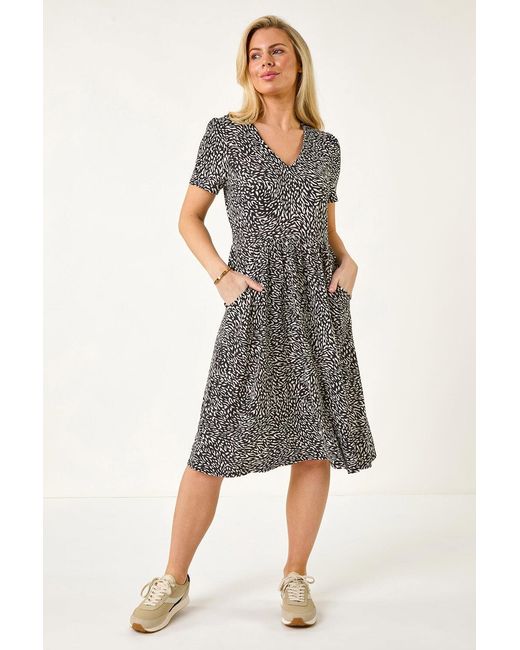 Roman Petite Black Abstract Print Stretch Pocket Dress