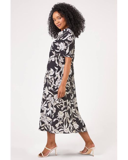 Roman Petite Black Floral Print Relaxed Shirt Dress