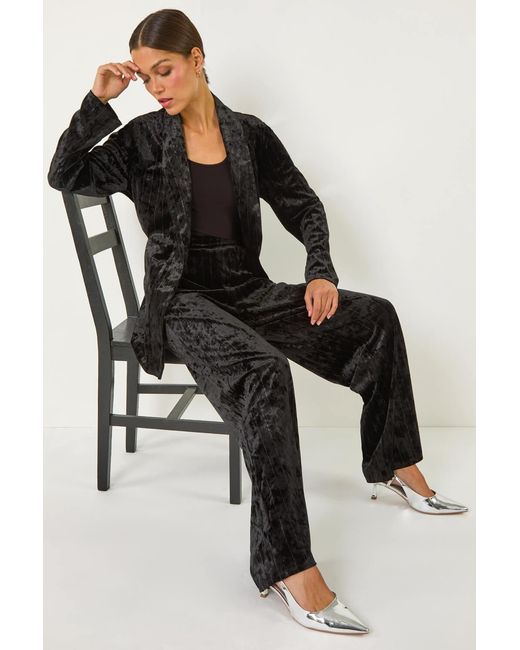 Roman Black Velvet Stripe Wide Leg Stretch Trouser