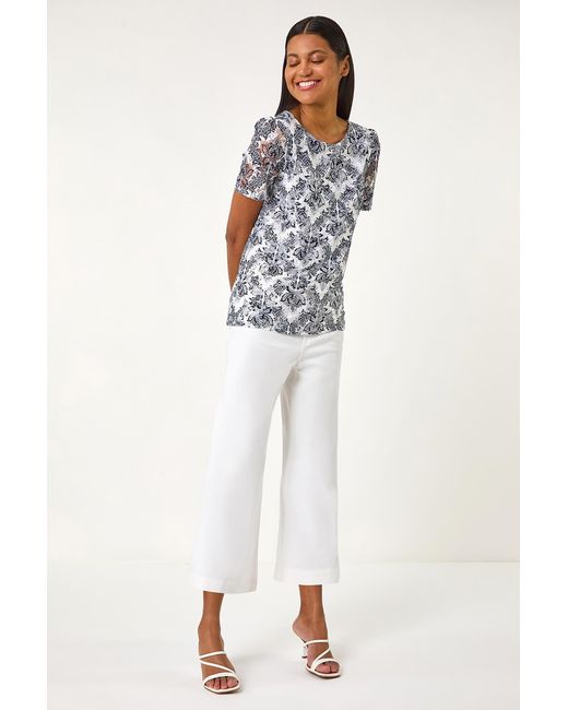 Roman Blue Printed Lace Stretch Top