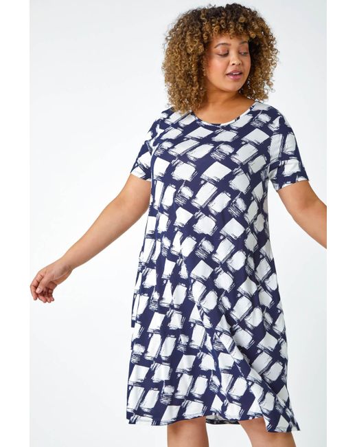 Roman Blue Originals Curve Geometric Print Pocket Stretch Dress