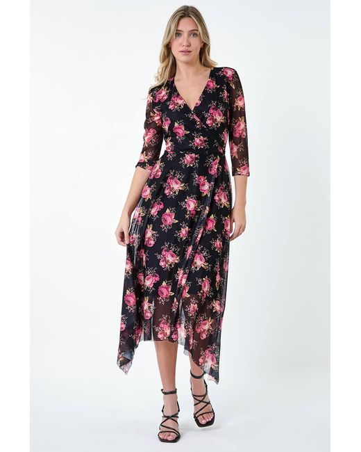 D.u.s.k White Floral Stretch Mesh Hanky Hem Wrap Dress