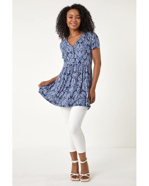 Roman Petite Blue Paisley Mono V-Neck Tunic