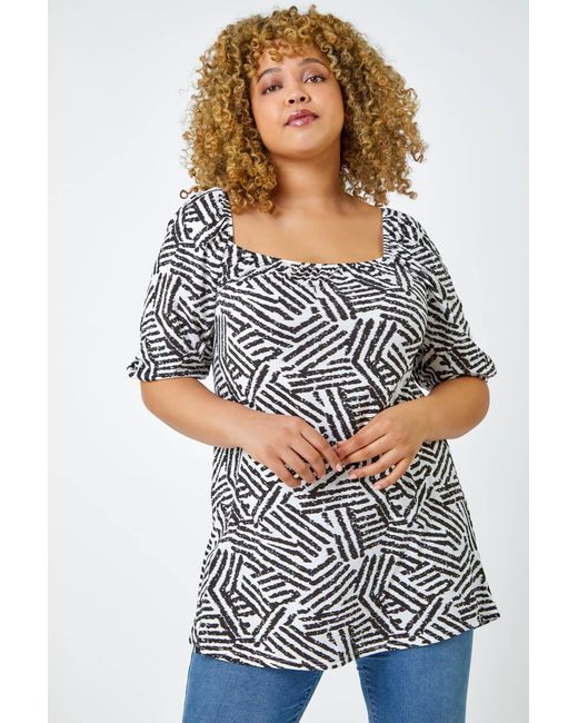 Roman Curve White Abstract Print Tie Detail Top