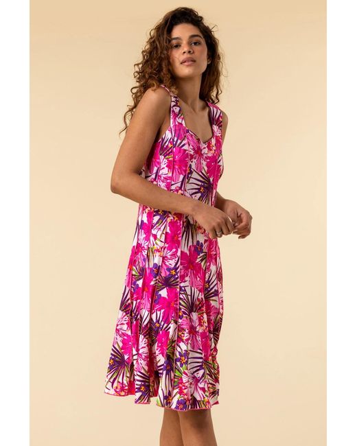 Roman Pink Tropical Floral Panel Stretch Skater Dress