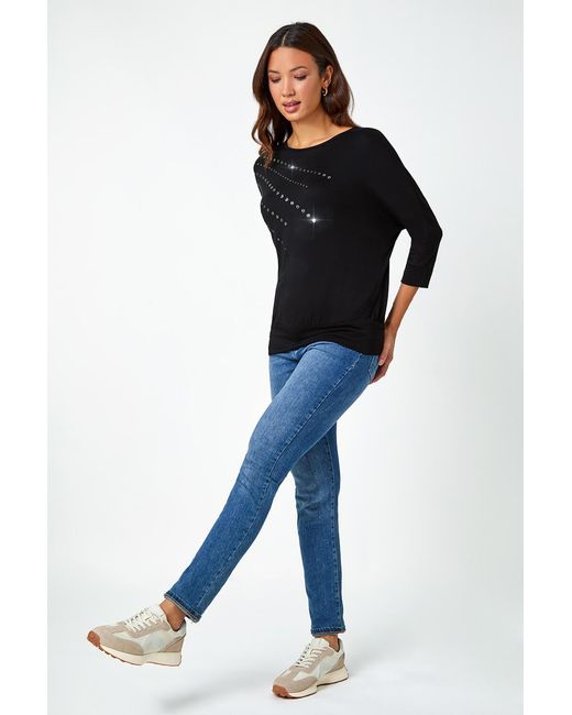 Roman Black Embellished Blouson Stretch Top