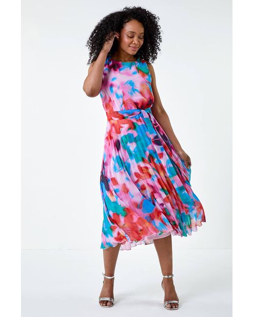 Roman Petite Red Abstract Print Pleated Midi Dress