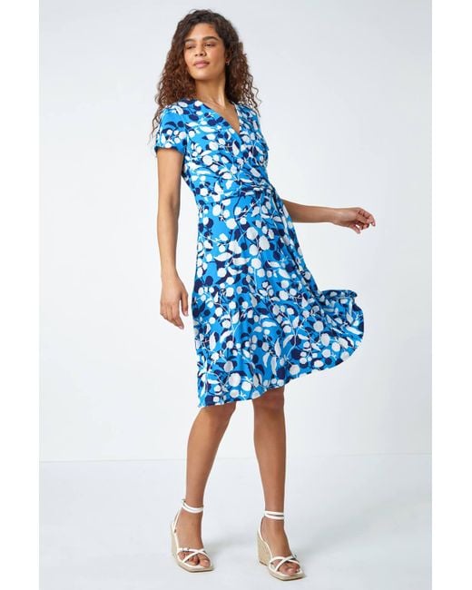 Roman Blue Floral Stretch Wrap Skater Dress
