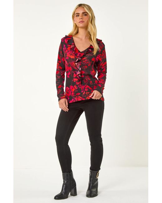 Roman Petite Red Floral Print V-Neck Frill Front Top