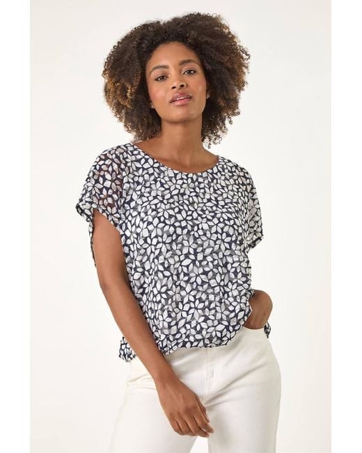 Roman Blue Printed Lace Bubble Hem Top