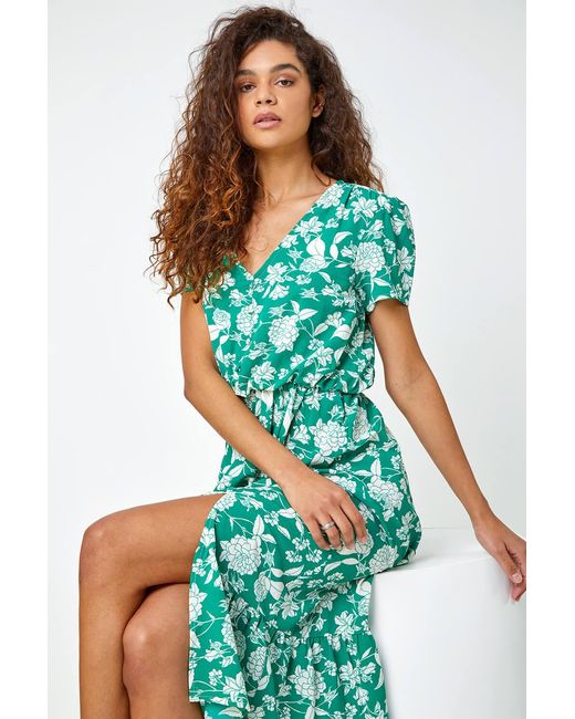 Roman Green Floral Button Through Midi Dress
