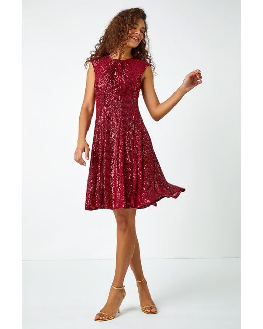 Roman Red Sequin Twist Detail Cutout Stretch Dress