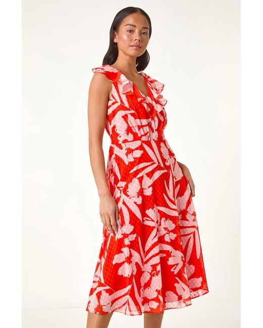 Roman Petite Red Floral Frill Front Dress