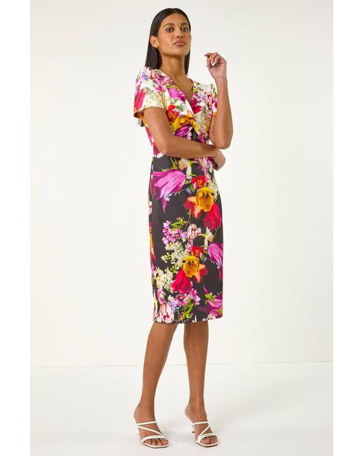 Roman White Floral Print Twist V-Neck Stretch Dress