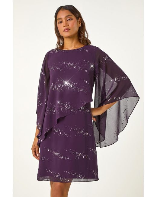 Roman Purple Sequin Embellished Asymmetric Overlay Dress