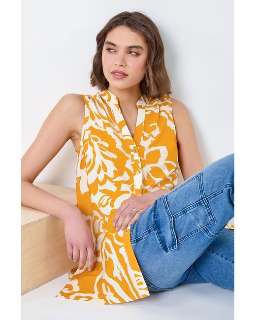 Roman Orange Floral Print Sleeveless V-Neck Button Blouse