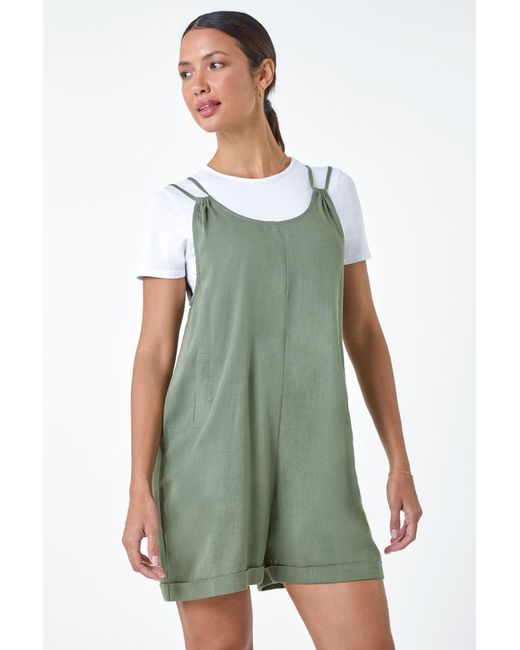 Roman Green Cotton Linen Blend Pocket Playsuit
