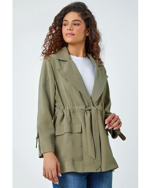 Roman Green Collared Tie Waist Cargo Jacket