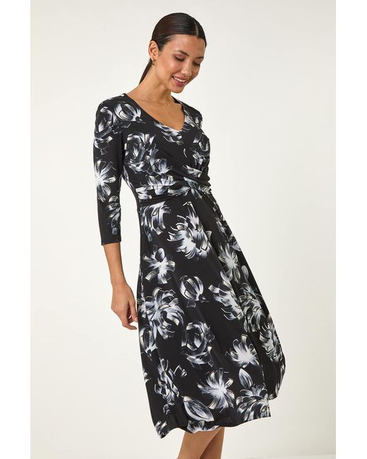 Roman Black Floral Print Wrap Front Stretch Dress