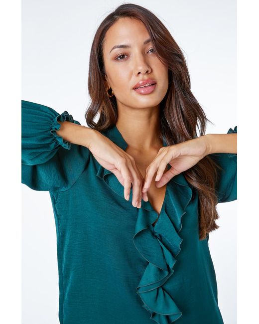 Roman Blue Satin Ruffle Neck Blouse