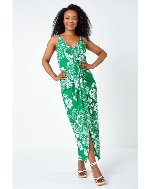 Roman Petite Green Floral Knot Stretch Maxi Dress