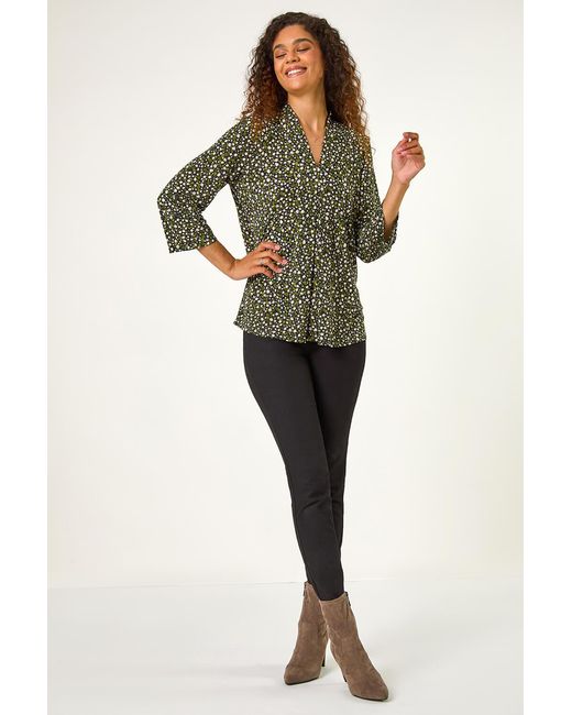 Roman Green Spot Print V-Neck Pleat Front Top