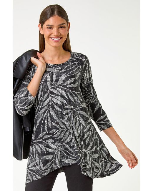 Roman Black Leaf Print Asymmetric Tunic Stretch Top