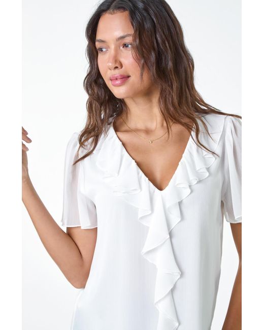 Roman White Crinkle Textured Frill Detail Top