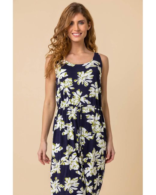Roman Blue Floral Jersey Tie Waist Dress