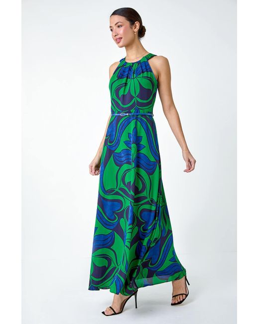 Roman Green Abstract Print Halter Neck Maxi Dress