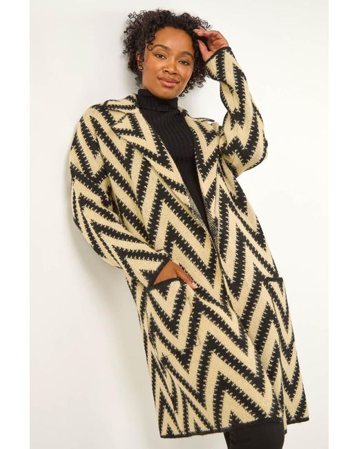 Roman Petite Black Chevron Print Pocket Knit Coatigan