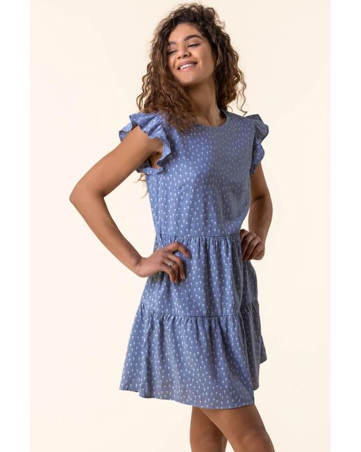 Roman Blue Frill Detail Floral Print Dress