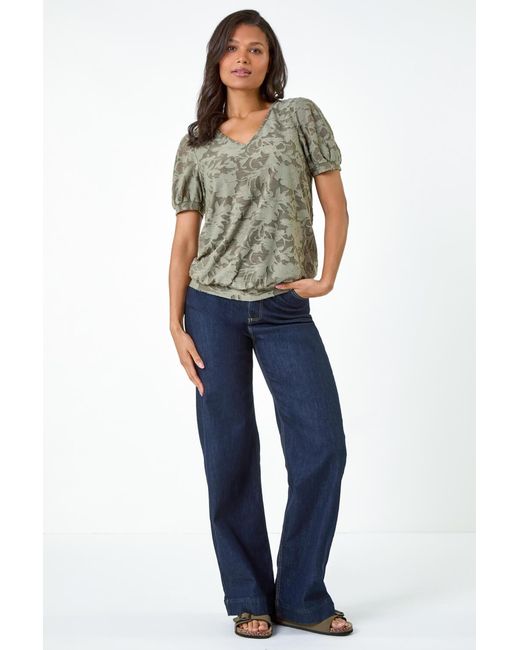 Roman Green Textured Floral Blouson Hem Stretch Top