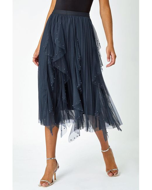 Roman Blue Elasticated Pearl Mesh Layered Skirt