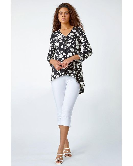 Roman Black Abstract Print Zip Detail V-Neck Stretch Top