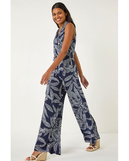 Roman Blue Leaf Puff Print Crossover Jumpsuit