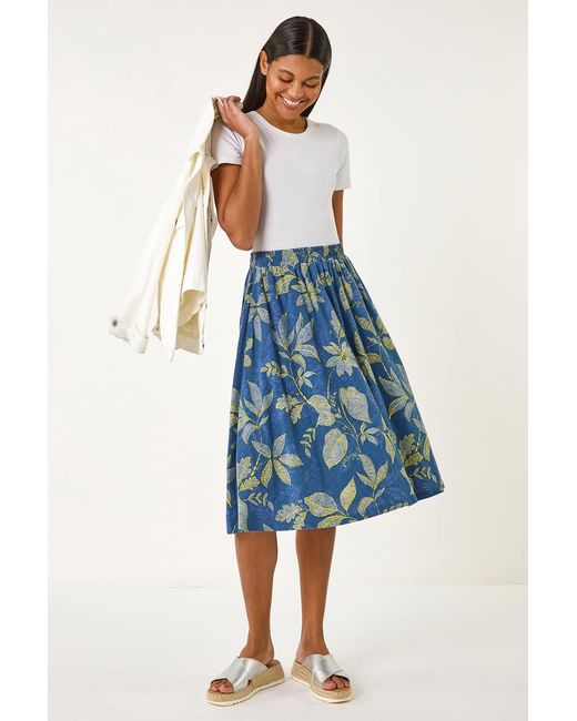 Roman Blue Leaf Print A-Line Skirt