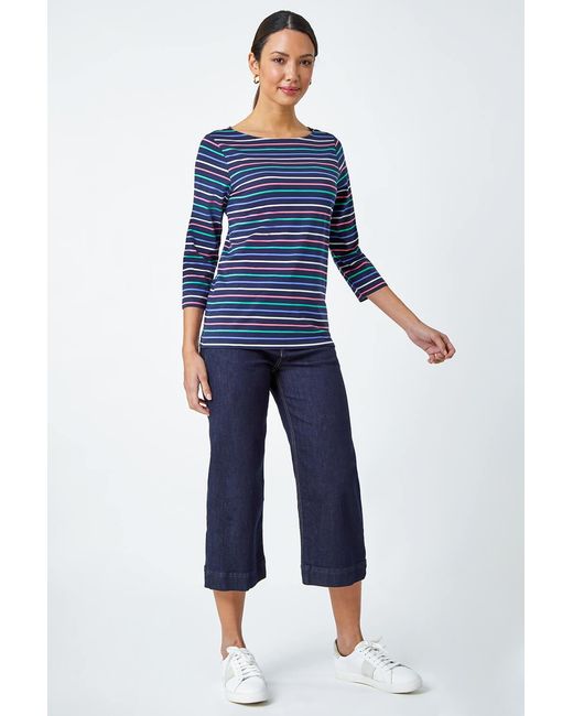 Roman Blue Cotton Stripe Print Top