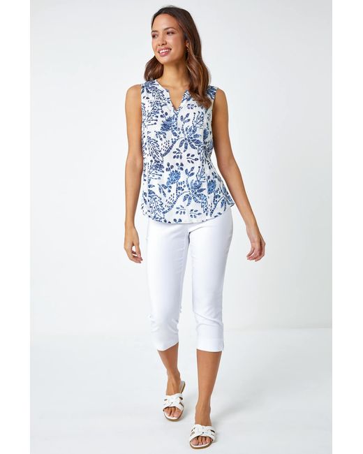 Roman Blue Sleeveless V-Neck Floral Print Vest
