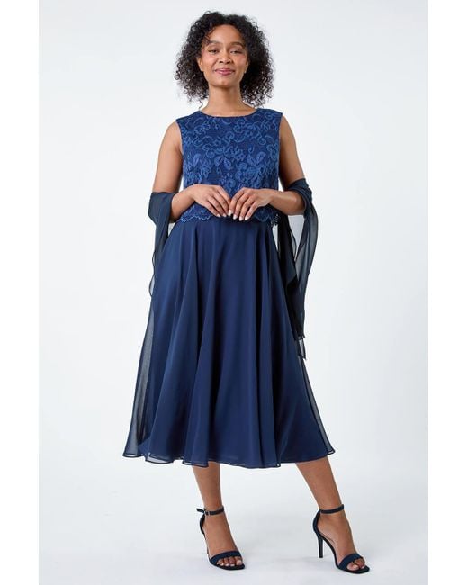 Roman Blue Originals Petite Lace Overlay Midi Dress