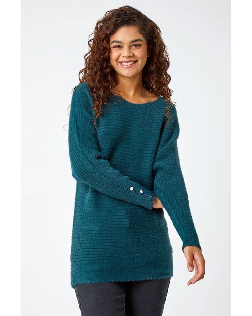 Roman Blue Button Sleeve Fluffy Longline Jumper