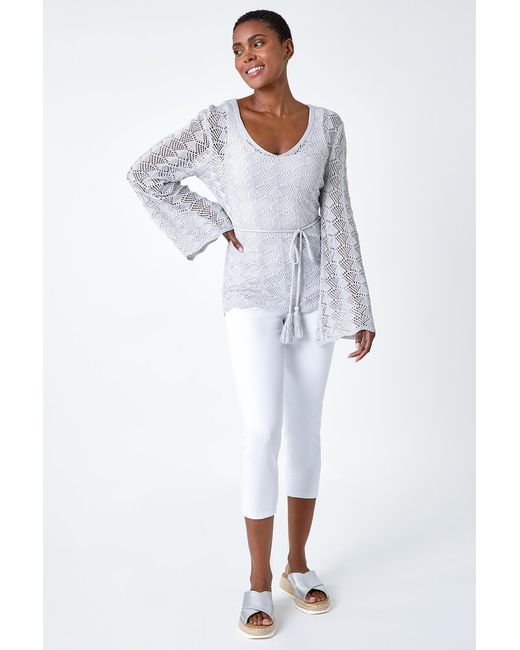 Roman White Shimmer Crochet Tie Stretch Knit Jumper
